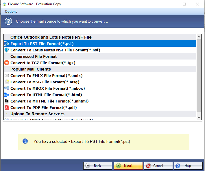 Choose option to export
