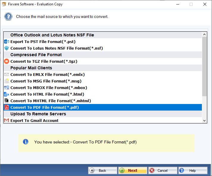 EML から PDF へのエクスポート オプション
