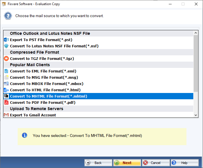 Opção de exportação EMLX para MHTML