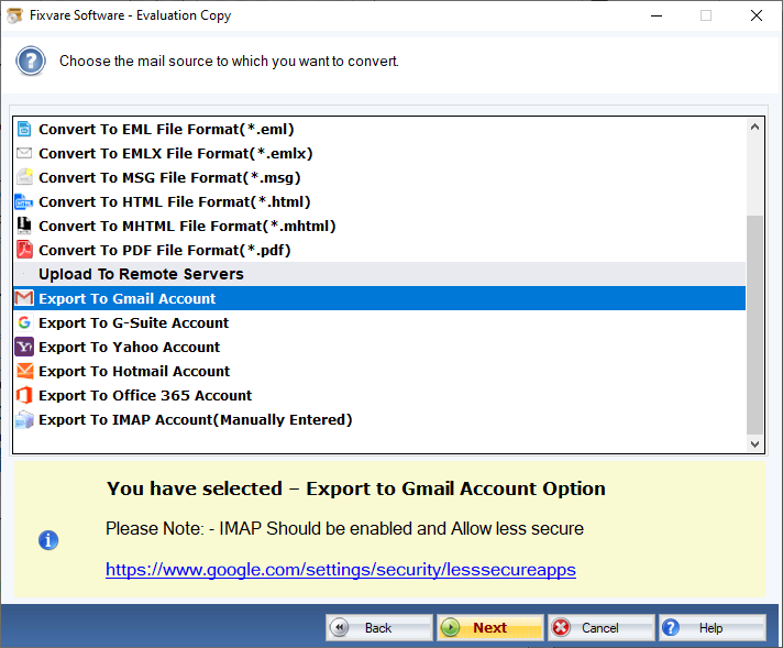 Selecione a opção MBOX para Gmail
