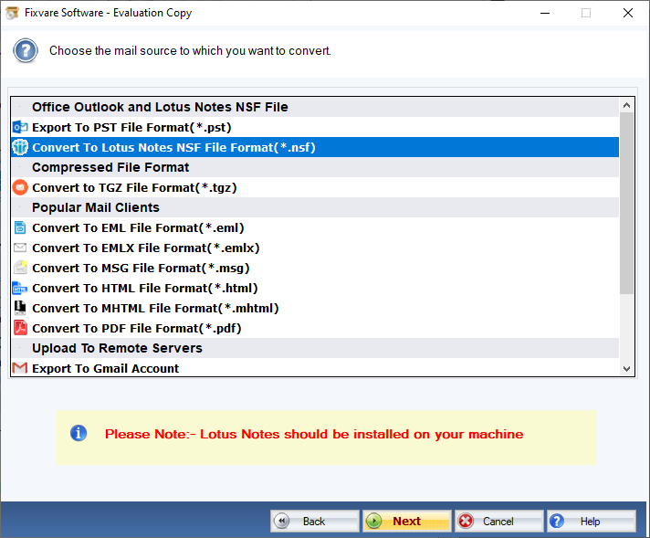 Select MBOX to NSF Option