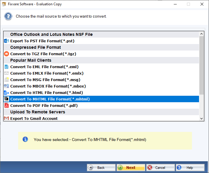 NSF から MHTML へのエクスポート オプション