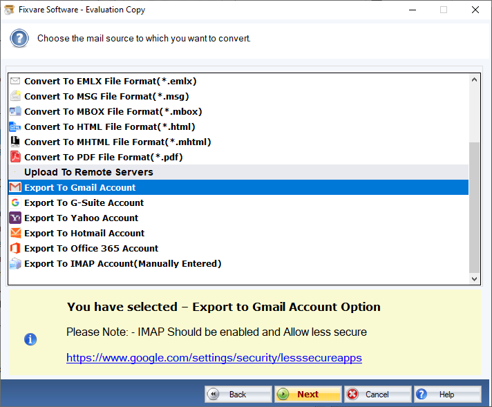 Gmail オプションを選択