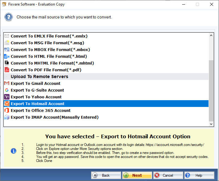 Select Export to Hotmail Option