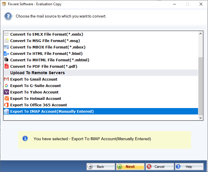 Select Export to IMAP Option
