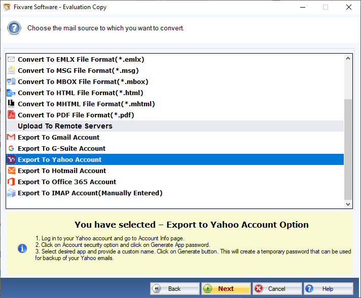Selecteer Exporteren naar Yahoo-optie