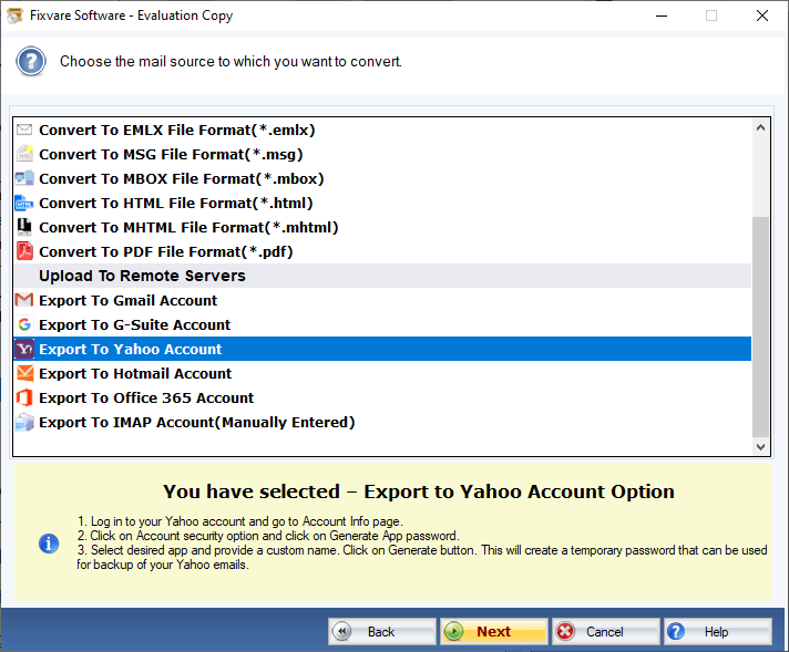 Select PST to Yahoo Option