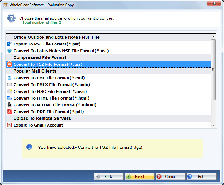 Select Thunderbird to TGZ Option